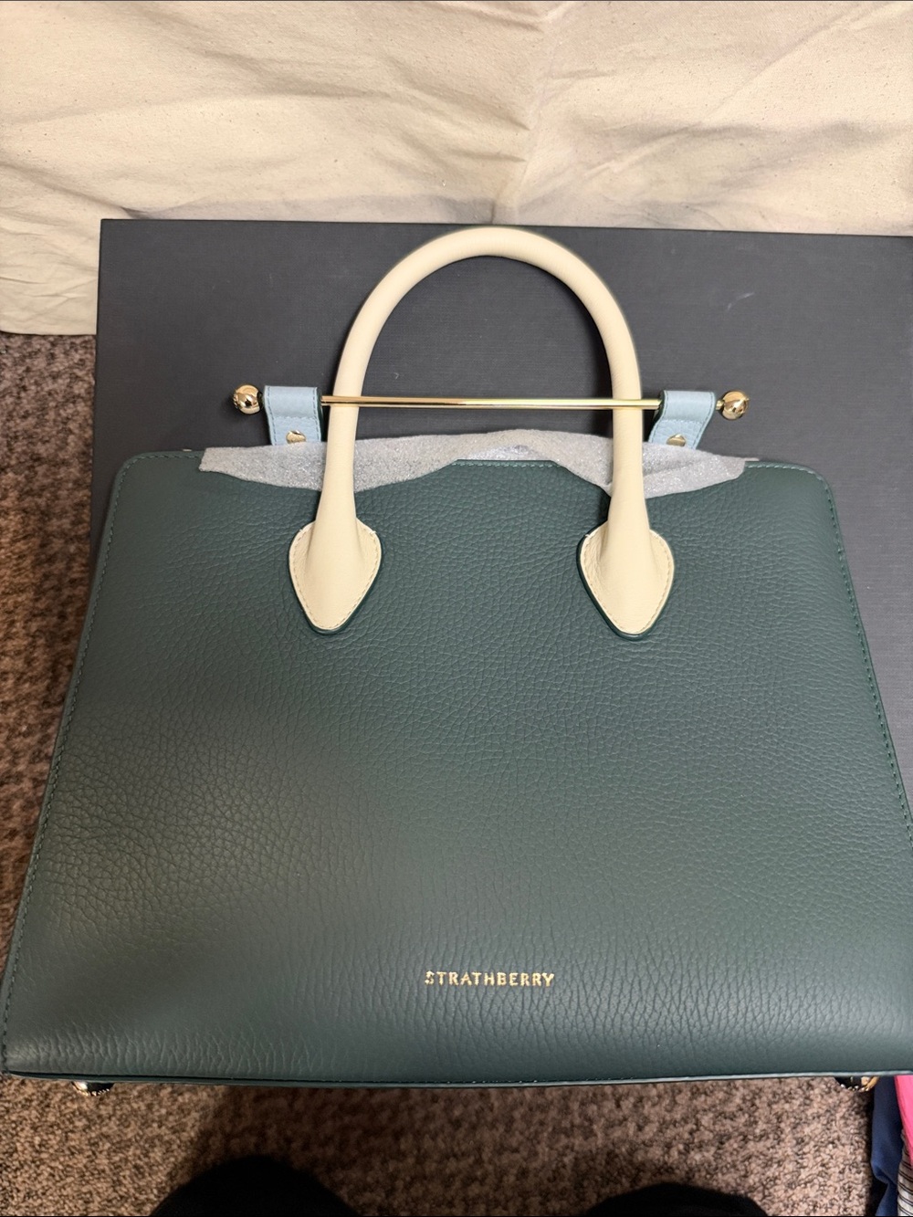 Strathberry Green and Cream Midi Leather Tote - Picture 3 of 7